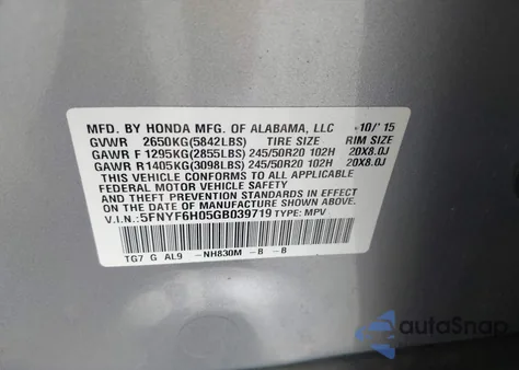 2016 Honda Pilot Elite из США, поврежденный, VIN 5FNYF6H05GB039719